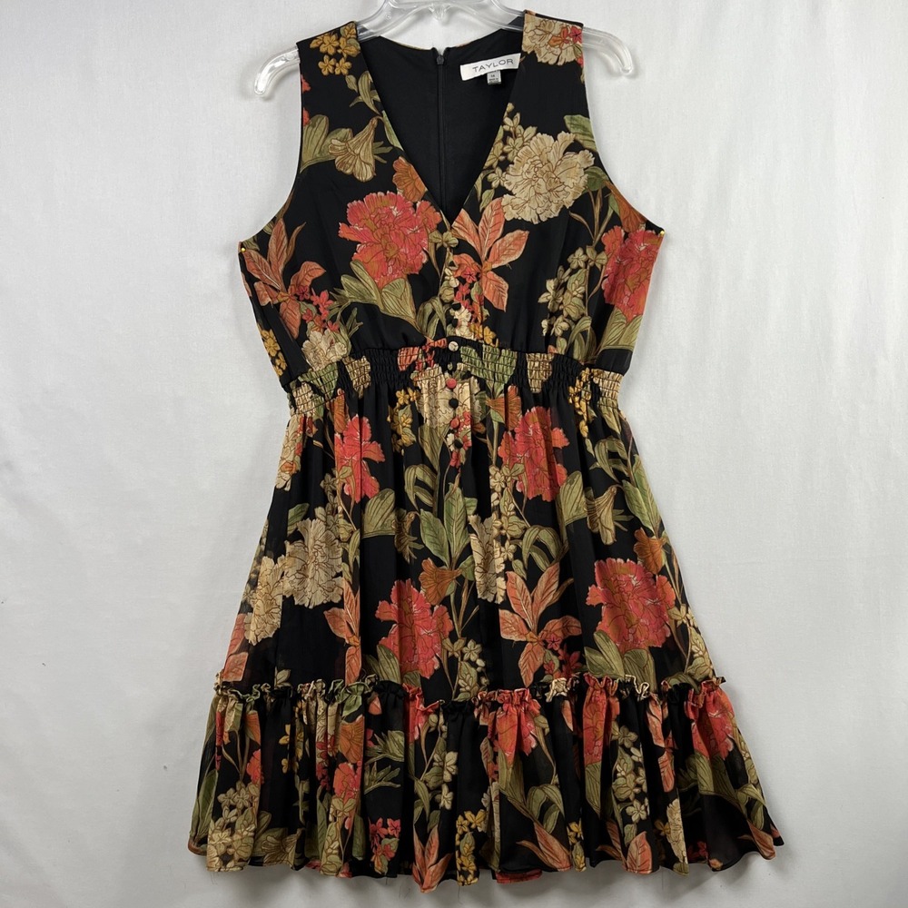 Taylor Dress Womens 14 Ruffle Blouson Knee Length Fall V-neck Floral Flowy